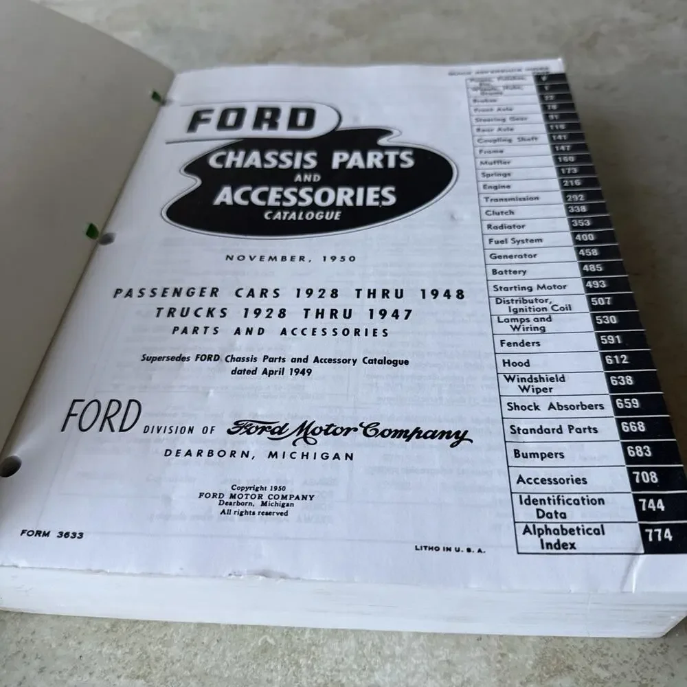 ORIGINAL 1928-1948 Ford Green Bible Chassis Parts Catalog Illustrated Book. 1950